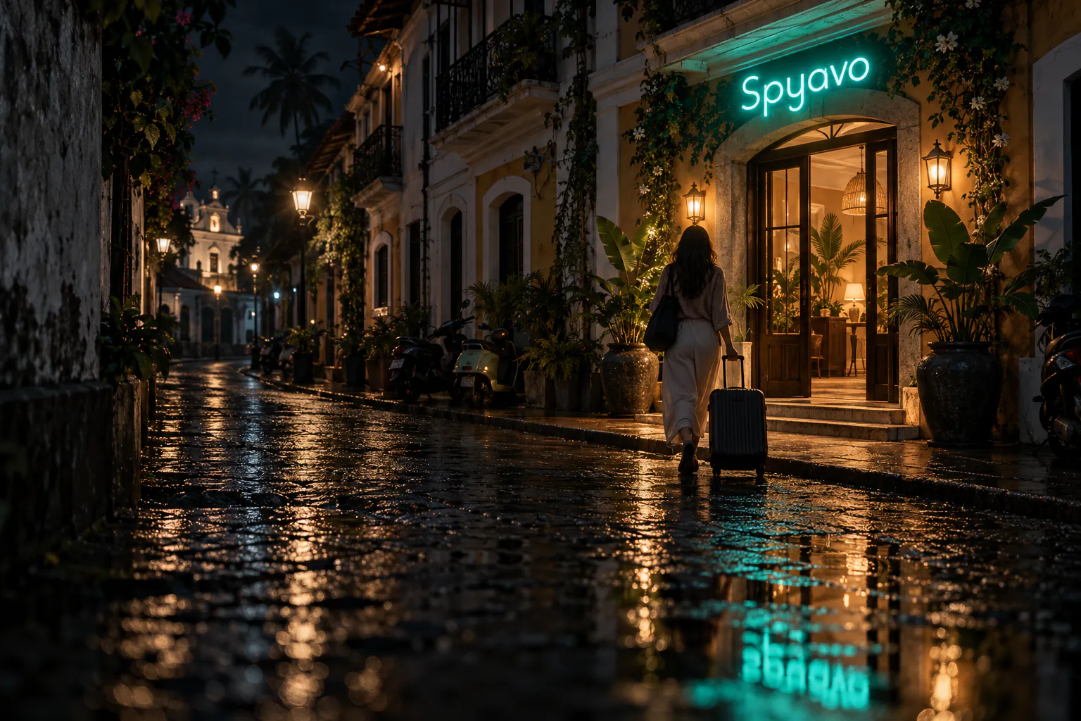 A rainy lane in Goa at night, a woman with a suitcase walking into a hotel under a teal Spyavo sign