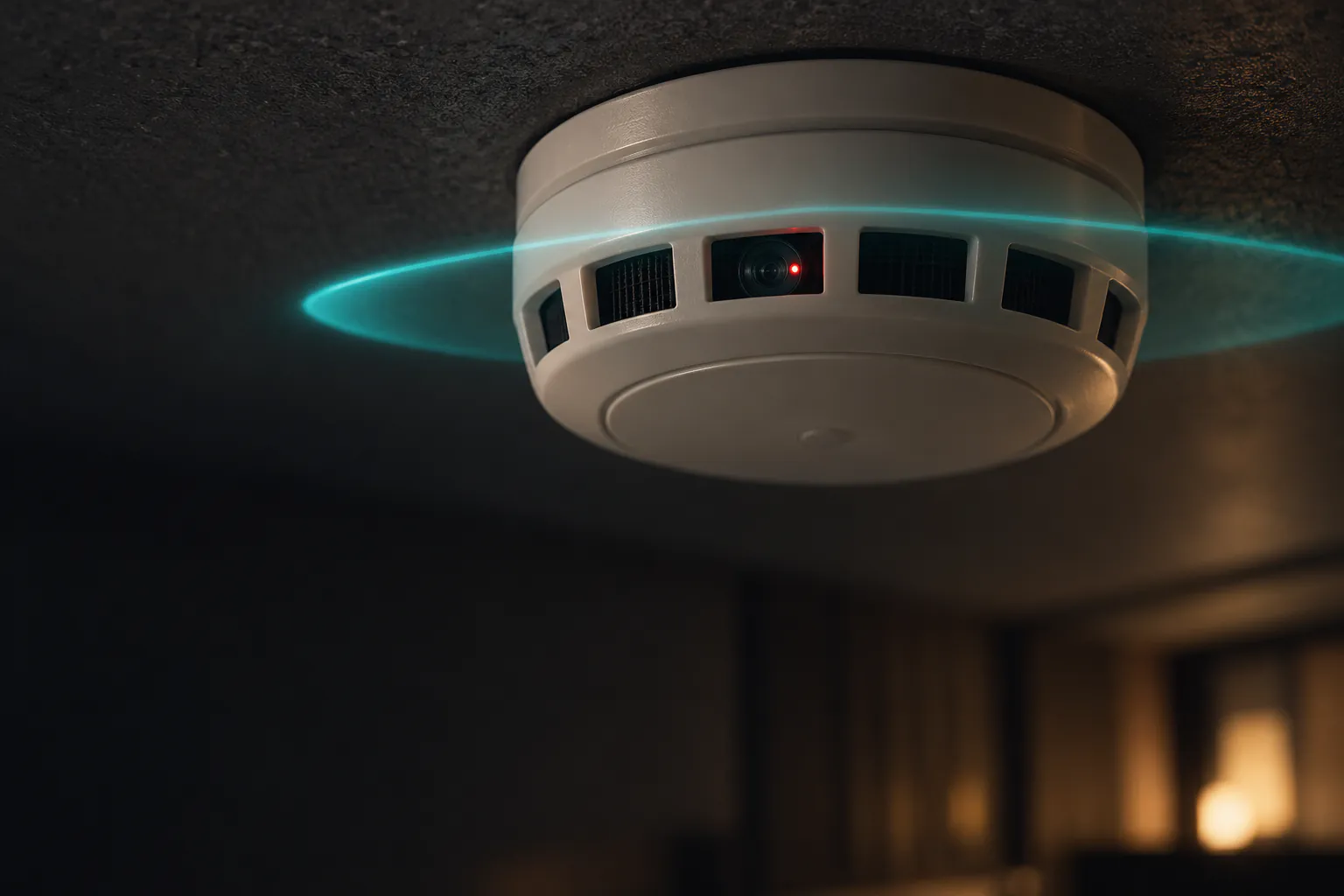 The smoke detector on the ceiling, a tiny red light inside one of its vents