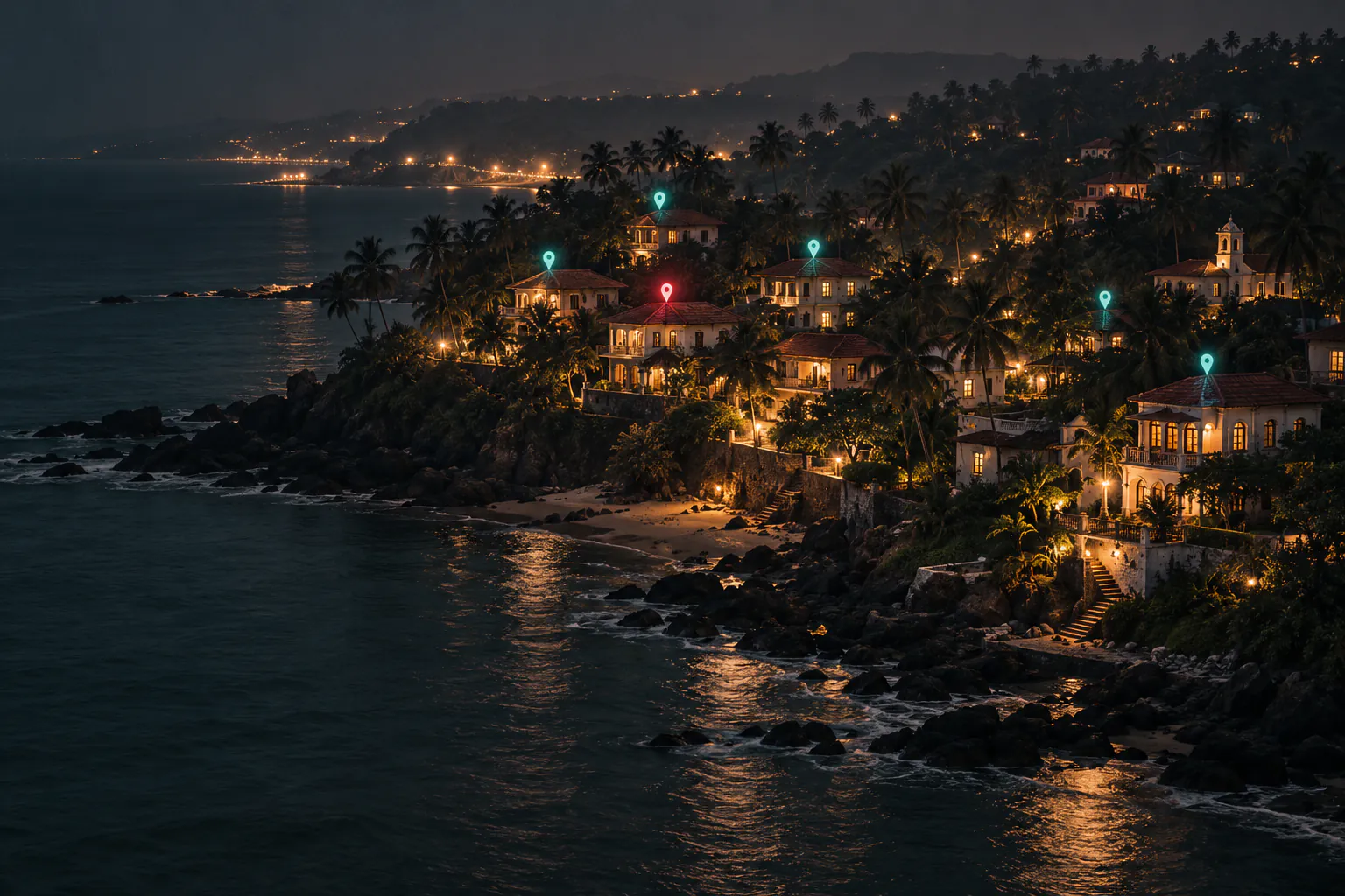 A coastal town in Goa at night with map pins over its homestays, one of them red