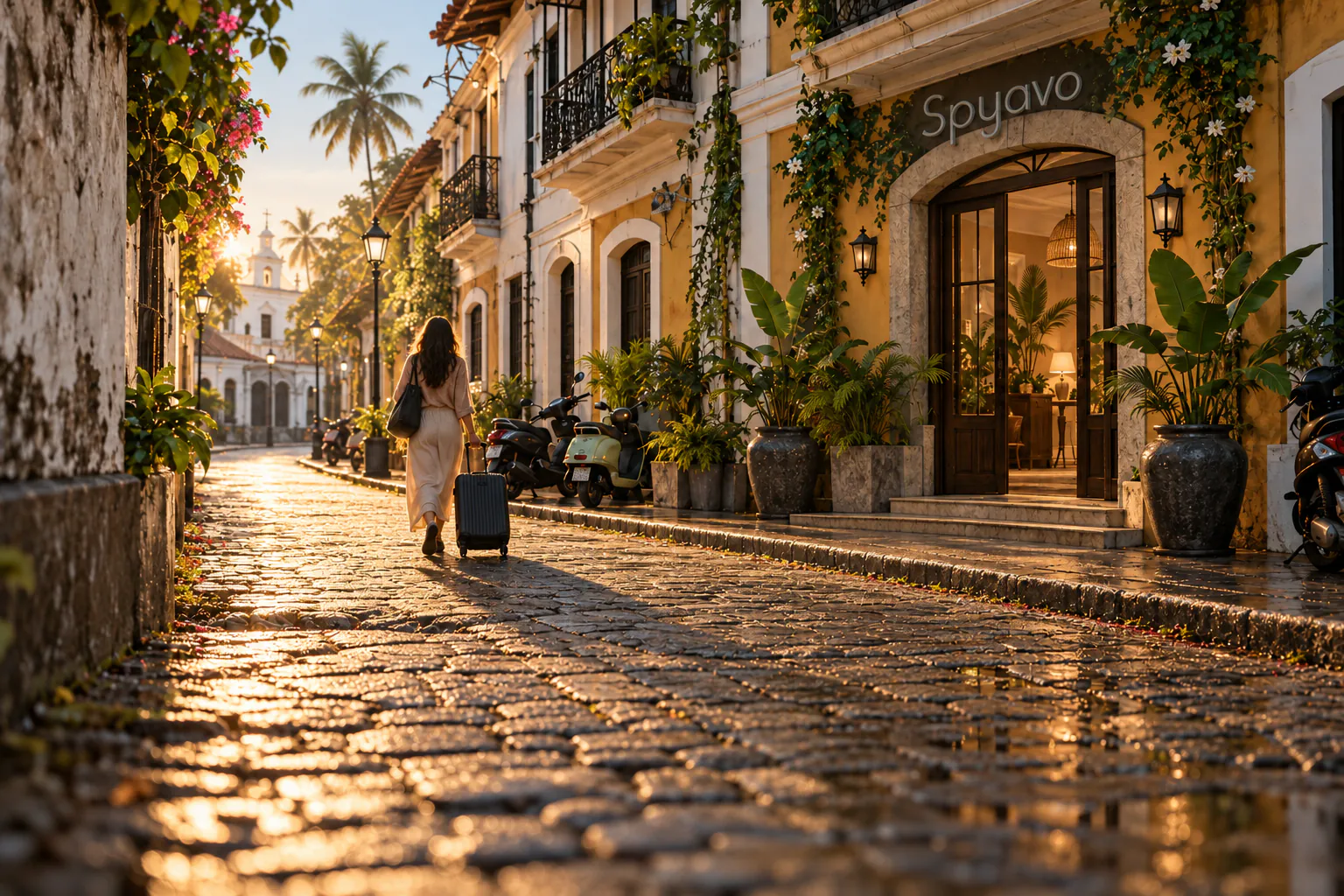 The same lane at sunrise, the sign switched off, the woman walking on with her suitcase
